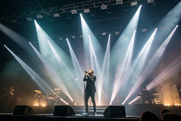 Lead singer performing on stage with a live band and dramatic lighting.